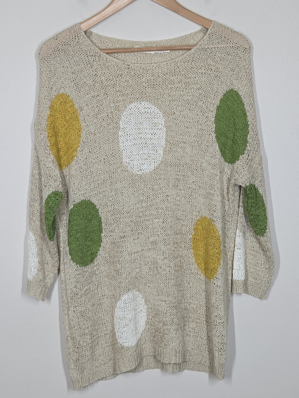 Blue Bird Tan Cream Large Polka Dot Open Knit Sweater One Size Festival Boho